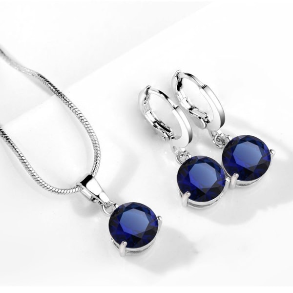 Silver Smyckesset - Halsband & Örhängen - Mörk Blå CZ Kristall Mörkblå