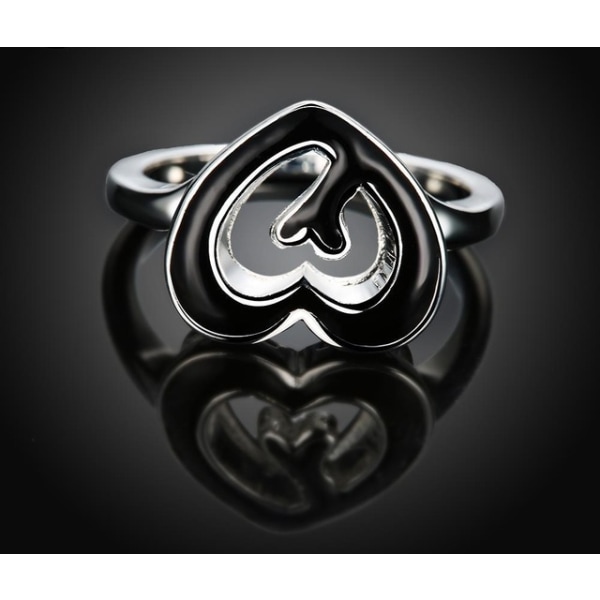 Unik Silver Ring med Svarta Inslag - Dubbla Hjärtan - Stl 18,2 Silver