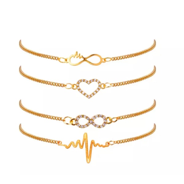 4 st Guld Armband med Hjärta, Infinity, EKG-Kurva & Rhinestones Guld