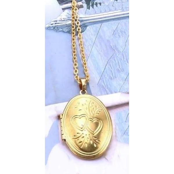 Guld Halsband -Öppningsbar Oval Medaljong Hjärta & Fint Mönster Guld