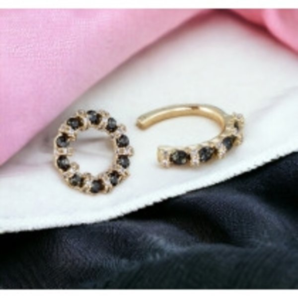2 st Guld Örhängen - Ear Cuff & Stud - Svarta & Vita Rhinestones Guld