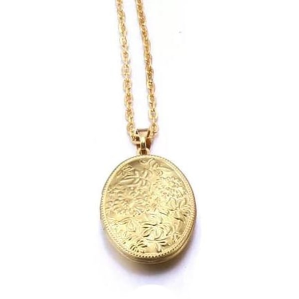 Guld Halsband med Öppningsbar Oval Medaljong i Blommigt Mönster Guld