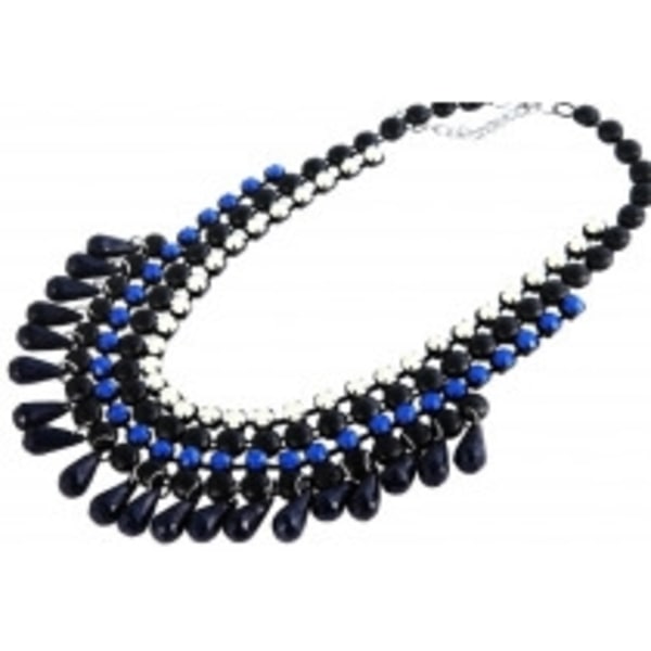 Boho Statement Multilayer Halsband med Svarta, Vita & Blå Pärlor Svart