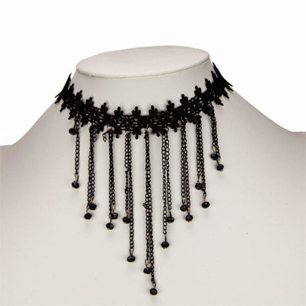 Gothic Retro Choker / Halsband - Svart Spets, Kedjor & Pärlor Svart