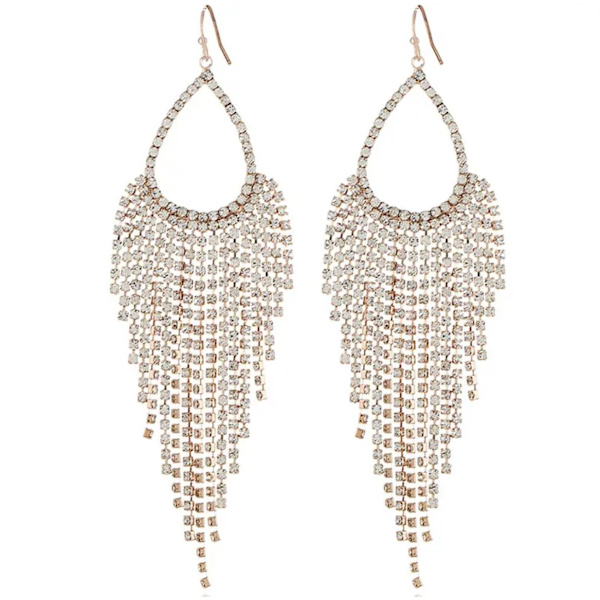 Strass Guld Örhängen - Droppe & Kedjor med Vita Rhinestones Guld