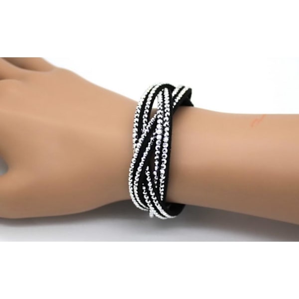 Flätat Läderarmband/Läder Armband med Strass/Rhinestones - Svart Svart