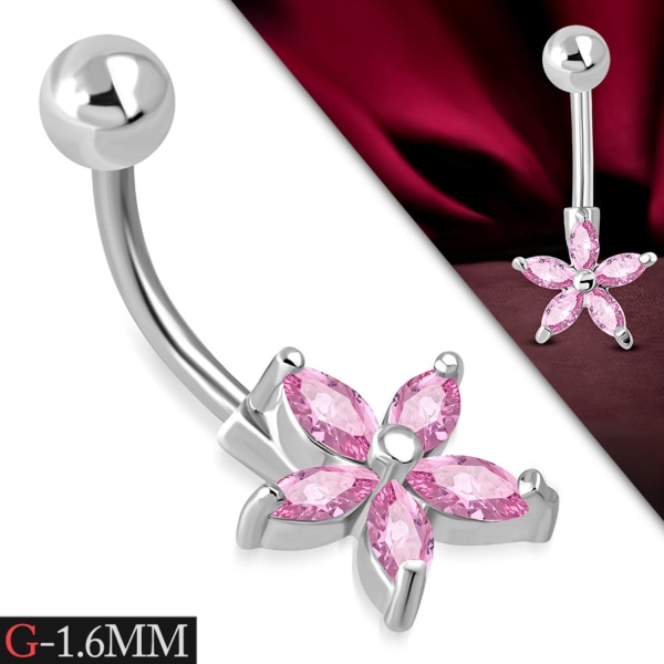 Navelpiercing 316L Kirurgiskt stål Blomma rosa CZ Silver Färg