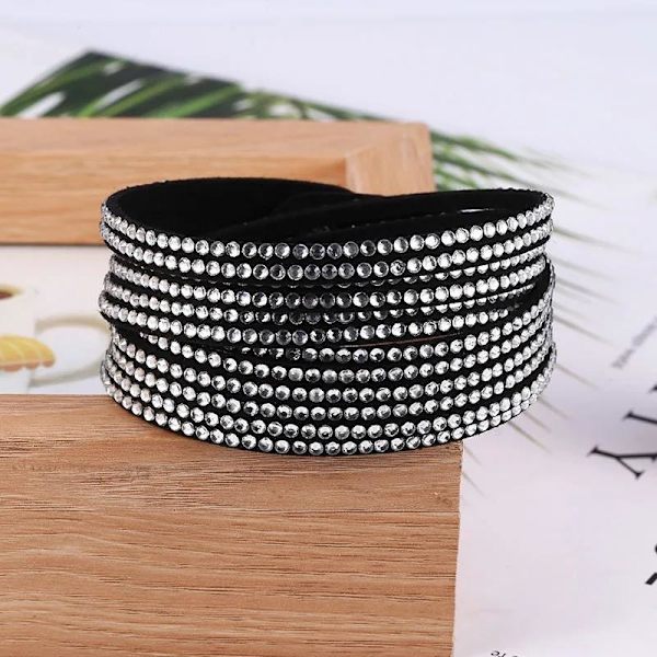 Wrap Läderarmband/Läder Armband med Strass / Rhinestones - Svart Svart