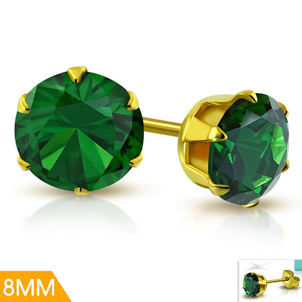 Stud Örhängen Stål 316L Rund grön Cubic Zircon 8 mm