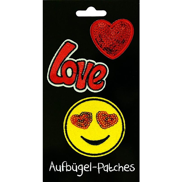 3 st Strykplåster/Tygmärke/Patches: Love, Smiley & Hjärta multifärg