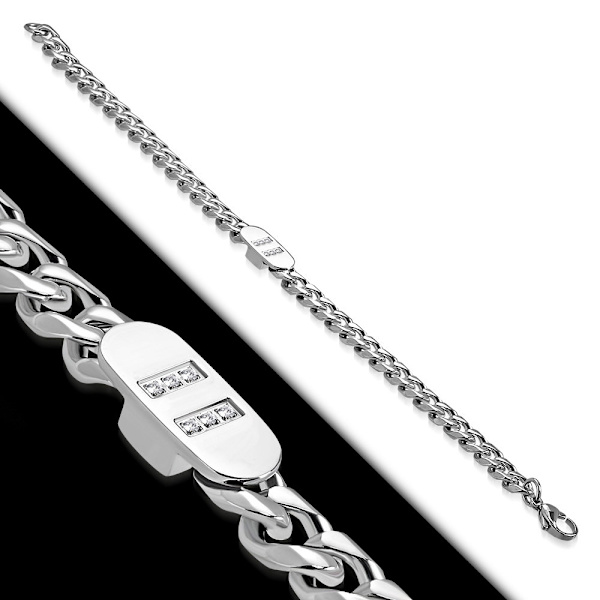 Armband i Rostfritt Stål 316L i Silver Färg - Pansarlänk med Vita/Klara Glittrande Cubic Zirconia - 7 mm Silver