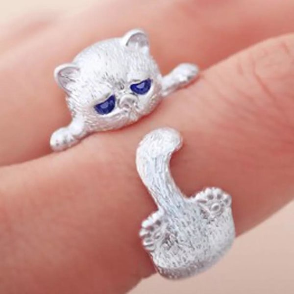 Söt Silver Katt Ring med Blå Rhinestones som Ögon - Justerbar Silver one size