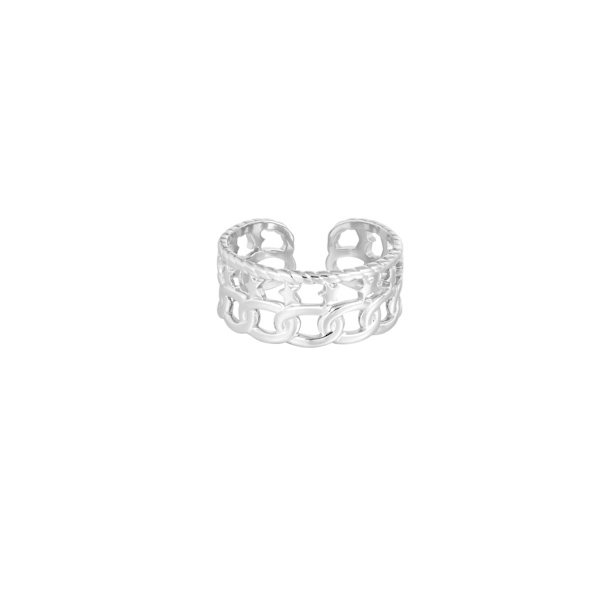 Ring i Stål med Dubbla Länkar & Stjärnor - Silver - Justerbar Silver