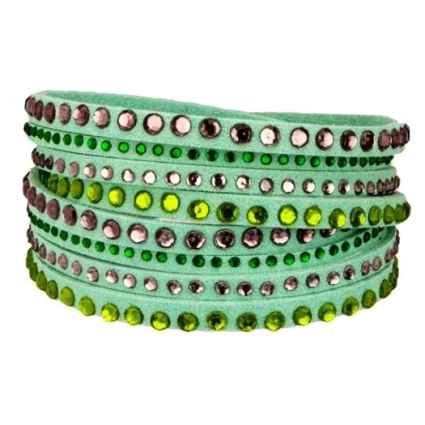 Wrap Läderarmband/Läder Armband med Strass/Rhinestones -Mintgrön Grön