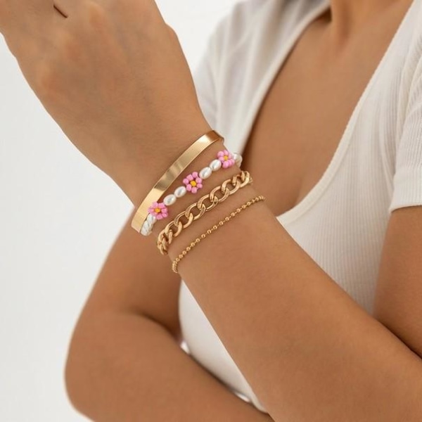 4 st Boho Guld Armband/Bangle med Vita Pärlor, Guldkulor & Länk Guld