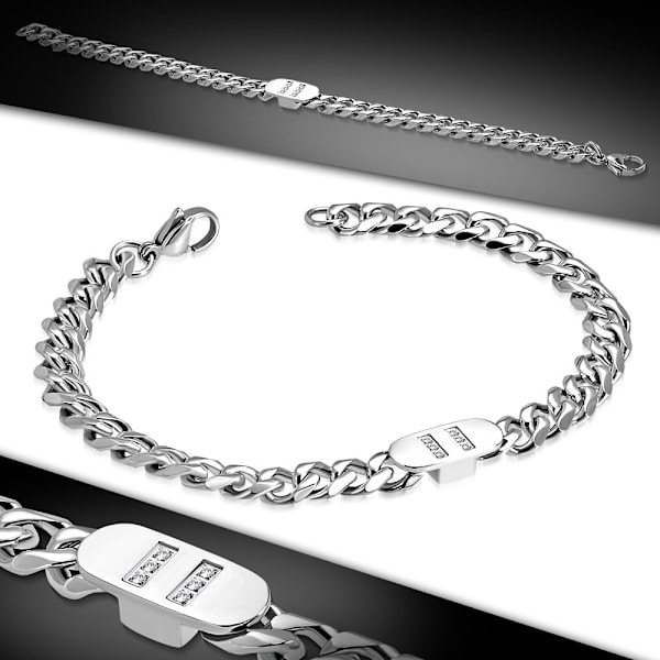 Armband i Rostfritt Stål 316L i Silver Färg - Pansarlänk med Vita/Klara Glittrande Cubic Zirconia - 7 mm Silver