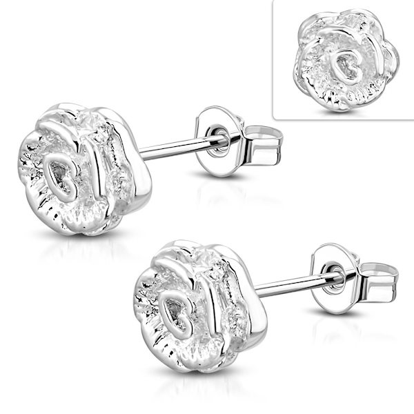 Lyxiga Silverpläterade Stud Örhängen i Form av en Söt Ros / Blomma i Silver Färg