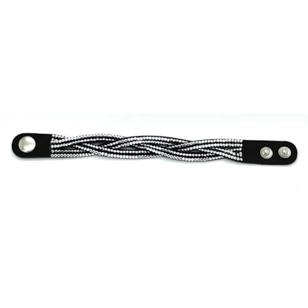 Flätat Läderarmband/Läder Armband med Strass/Rhinestones - Svart Svart
