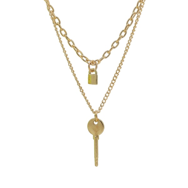 Halsband 2 kedjor med hängen: nyckel och hänglås Guld Färg