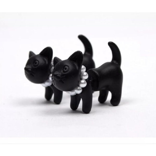 Stud Örhängen - Cool Svart Katt / Black Cat med Pärlhalsband Svart