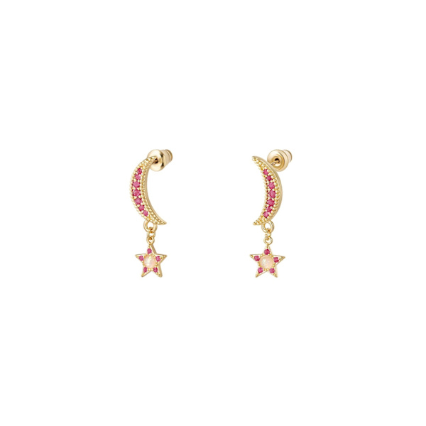 Guld Örhängen Dekorerade med Måne & Stjärna samt Glittrande Fuchsia / Cerise Zircon Stenar - Guldpläterade Guld