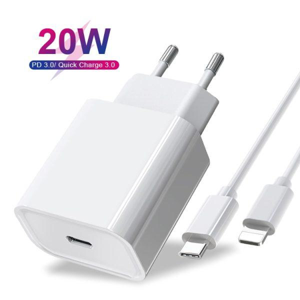 iPhone laddare 20W, USB C snabbladdare, med kabel Vit