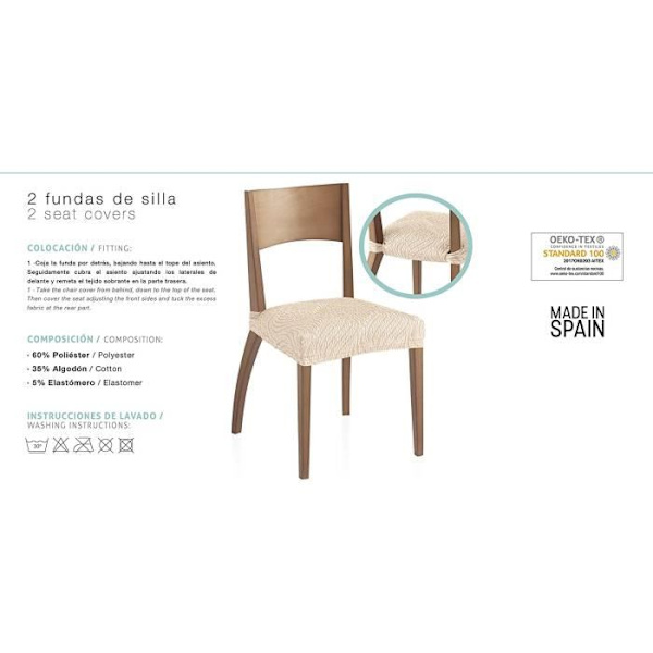 Paket med två elastiska överdrag för Olivia-stolar - Elfenbensfärgad - Storlek (45x45cm) - Sammansättning: 50% polyester, 45% bomull, 5%