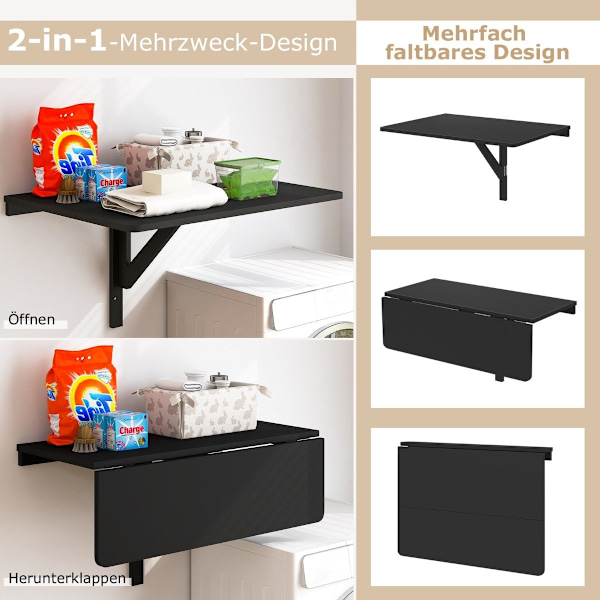 Vægmonteret Foldebord Pladsbesparende Køkkenbord Foldevægbord 80 x 60 cm Sort