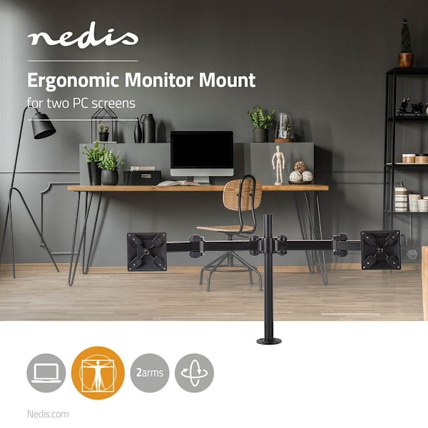 Ergonominen näyttöteline kahdelle näytölle, Nedis Black