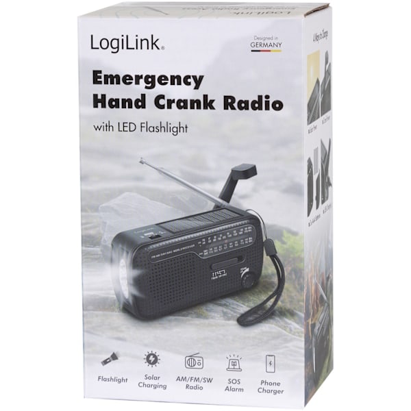 Krankradio med lommelygte og solcelle Sort