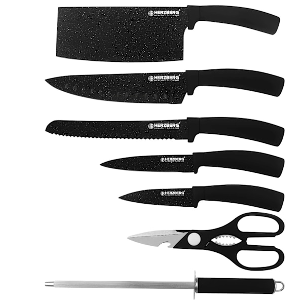 Knivsæt med Roterende Stativ, 8 Dele - Sort Marmor Black