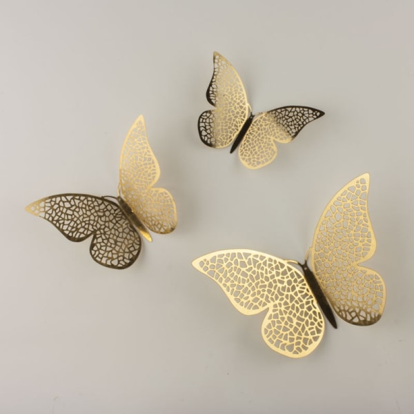 12 kpl 3D Metallisia Perhosia, Seinäkoriste - Kultaverkko Gold