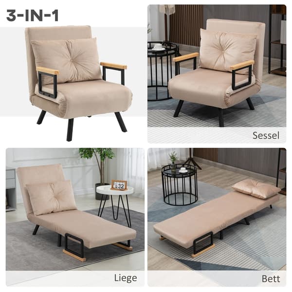 Beige bäddsoffa med sängfunktion och ryggkudde