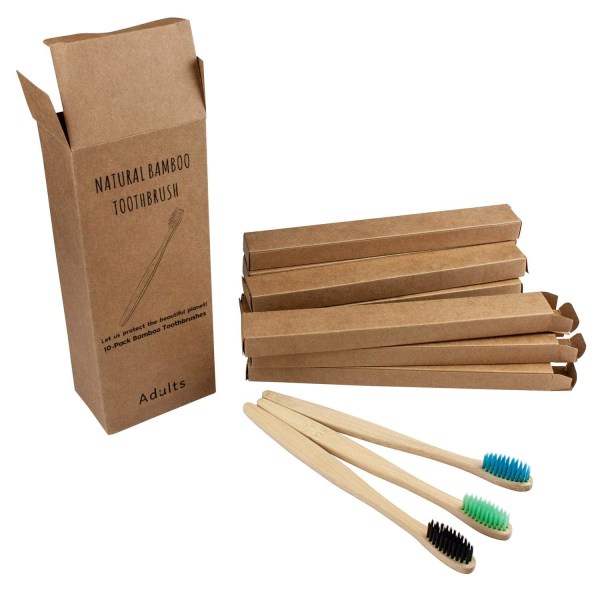 10x Tandbørste, Bambus - Blandede Farver Multicolor