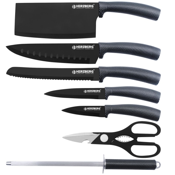 Knivsæt med Roterende Stativ, 8 Dele - Kulstof Black