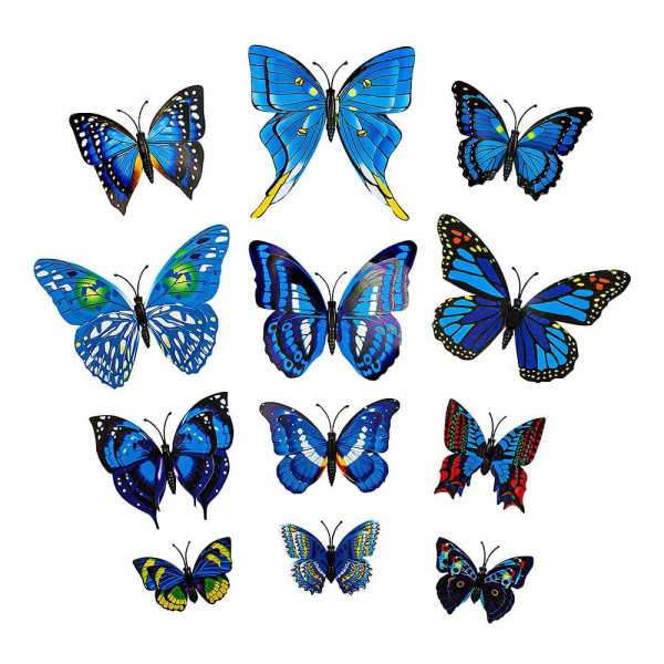 12st Blåa Dekorativa 3D Fjärilar i Papper för Väggar Blå