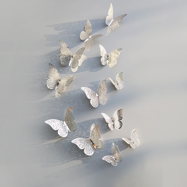 12st 3D Fjärilar i Metall, Väggdekoration - Silvernät Silver