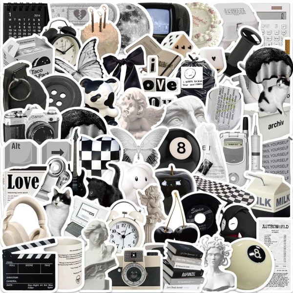 Klistermærker - blandede, sorte og hvide motiver - 61 stk Multicolor