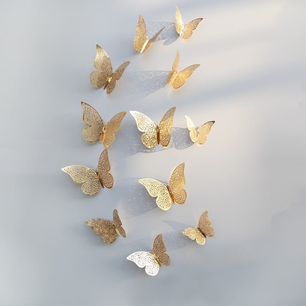 12 kpl 3D Metallisia Perhosia, Seinäkoriste - Kultaverkko Gold