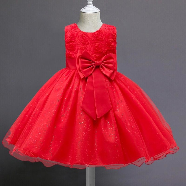 Festklänning med Rosett och Blommor - Röd (130) Red one size