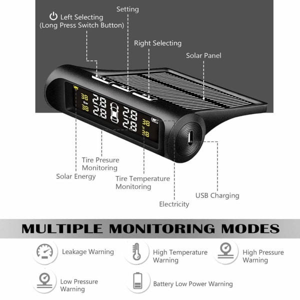 TPMS Trådlöst Däcktrycksövervakningssystem, Solcell och USB Svart