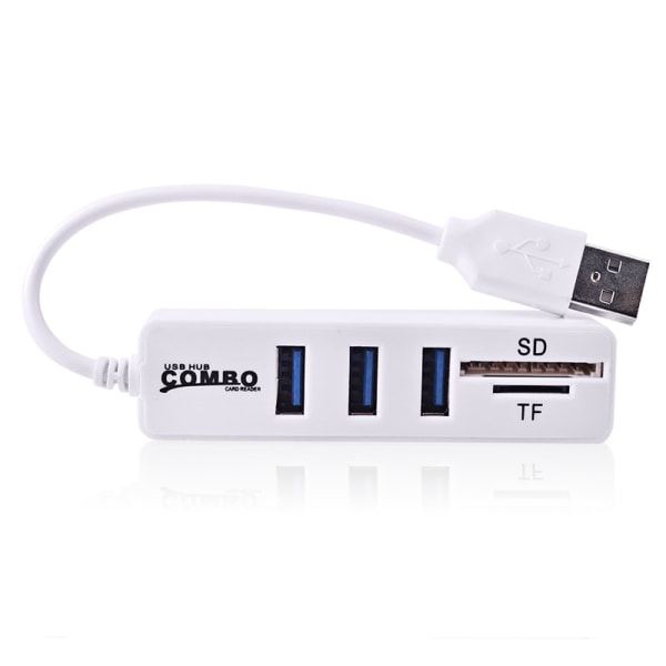 Mini USB 2.0 Muistikortinlukija + USB Hub, valkoinen White