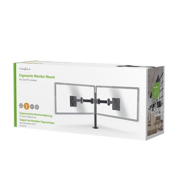 Ergonominen näyttöteline kahdelle näytölle, Nedis Black