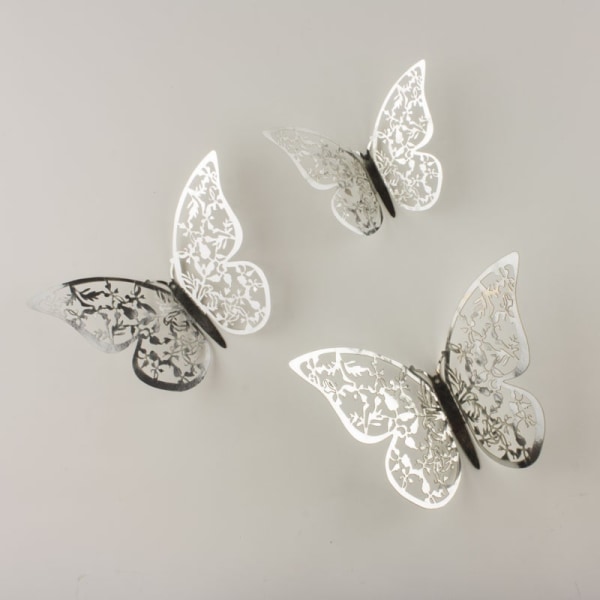 12st 3D Fjärilar i Metall, Väggdekoration - Silverblad Silver