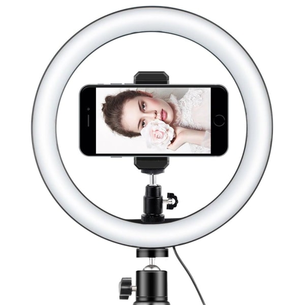 Selfie-lampa / Ring light (26 cm), stativ och fästen Svart