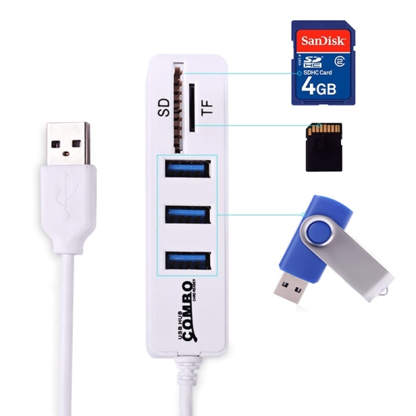 Mini USB 2.0 Muistikortinlukija + USB Hub, valkoinen White