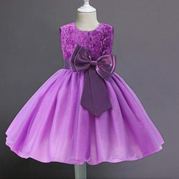 Festklänning med Rosett och Blommor - Lila (140) Purple one size