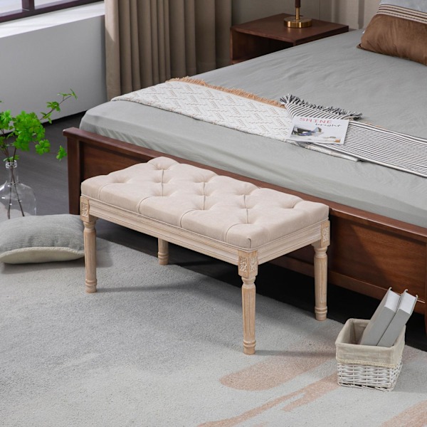 Vintage sängynpenkki pellavanäköinen, beige 80x40x43cm