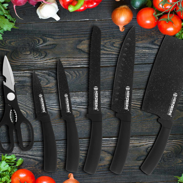 Knivsæt med Roterende Stativ, 8 Dele - Sort Marmor Black