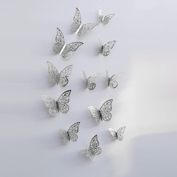 12 kpl 3D Metallisia Perhosia, Seinäkoriste - Hopealehti Silver